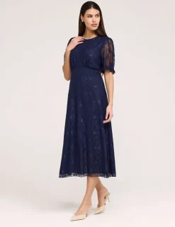 Floral Lace Puff Sleeve Midi Skater Dress