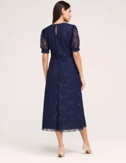 Floral Lace Puff Sleeve Midi Skater Dress