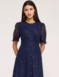 Floral Lace Puff Sleeve Midi Skater Dress
