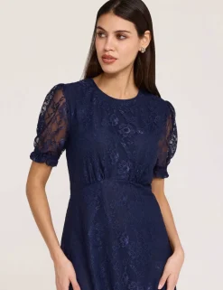 Floral Lace Puff Sleeve Midi Skater Dress