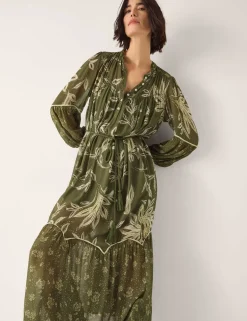 Floral Leaf Print Button Front Midi Tiered Dress