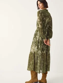 Floral Leaf Print Button Front Midi Tiered Dress
