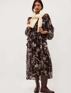 Floral Notch Neck Ruffle Midi Smock Dress