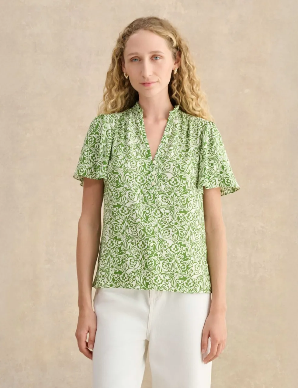 Floral Notch V-Neck Angel Sleeve Blouse