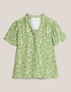Floral Notch V-Neck Angel Sleeve Blouse