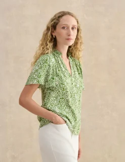 Floral Notch V-Neck Angel Sleeve Blouse
