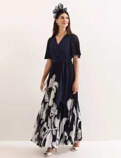 Floral Pleated V-Neck Maxi Wrap Dress