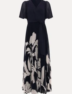 Floral Pleated V-Neck Maxi Wrap Dress