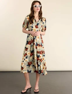 Floral Printed Collared Midi Tiered Dress