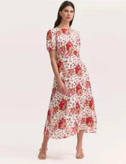 Floral Puff Sleeve Midi Tea Dress