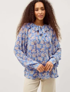 Floral Round Neck Frill Detail Blouse