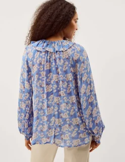 Floral Round Neck Frill Detail Blouse