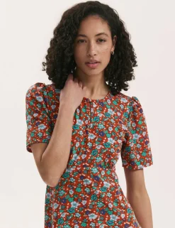 Floral Round Neck Midi Tea Dress