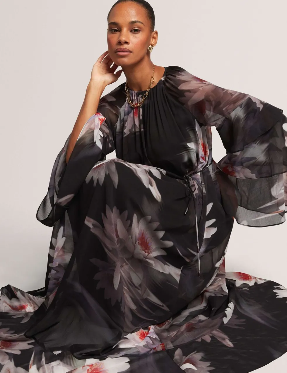 Floral Ruffle Sleeve Gathered Maxi Dress