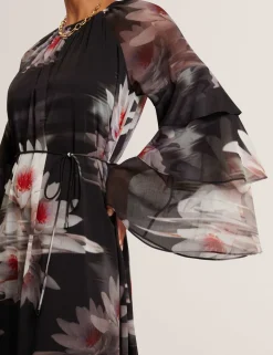 Floral Ruffle Sleeve Gathered Maxi Dress