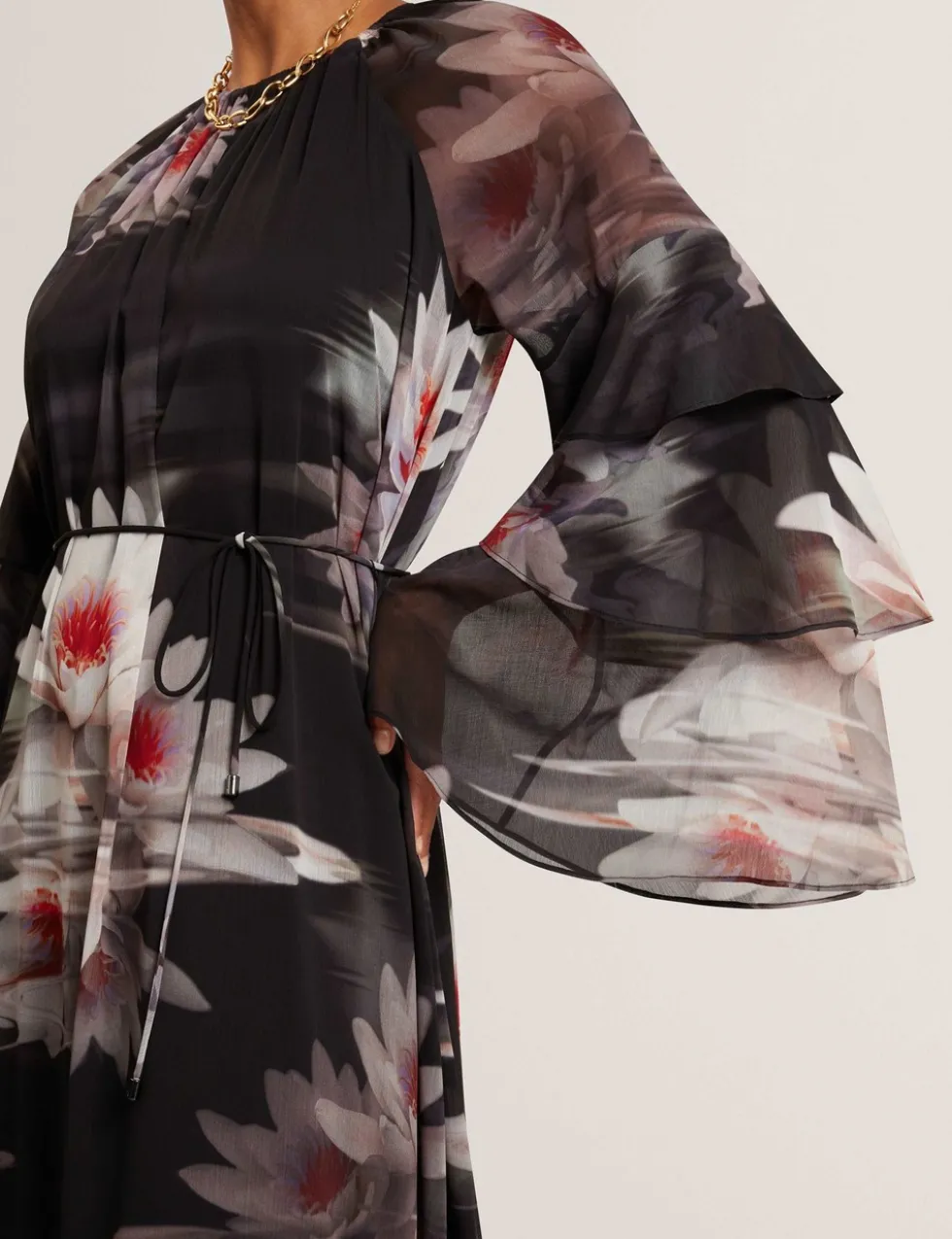 Floral Ruffle Sleeve Gathered Maxi Dress