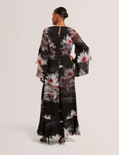 Floral Ruffle Sleeve Gathered Maxi Dress