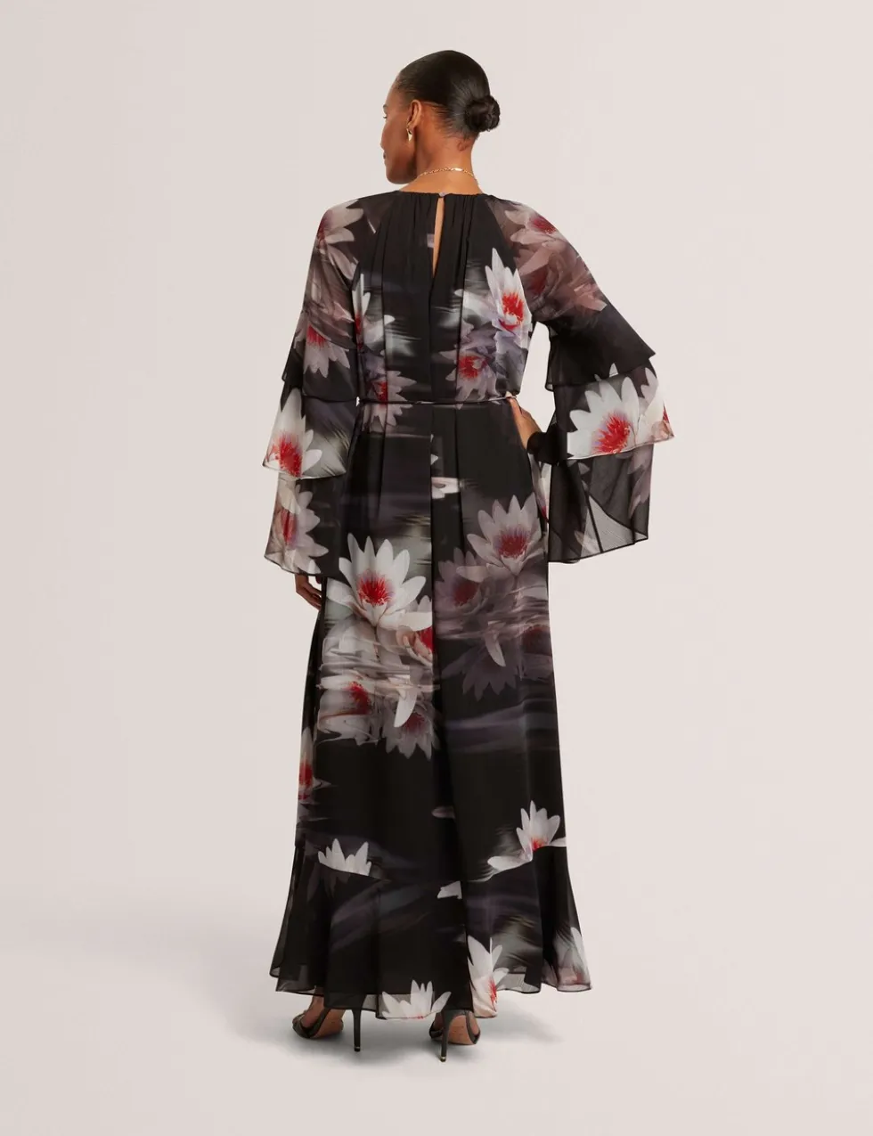 Floral Ruffle Sleeve Gathered Maxi Dress