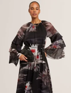 Floral Ruffle Sleeve Gathered Maxi Dress