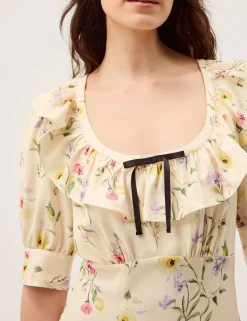 Floral Scoop Neck Midi Tea Dress