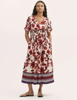 Floral Shirred Detail Midi Smock Dress
