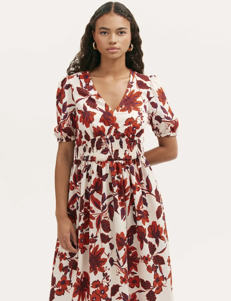 Floral Shirred Detail Midi Smock Dress