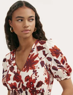 Floral Shirred Detail Midi Smock Dress