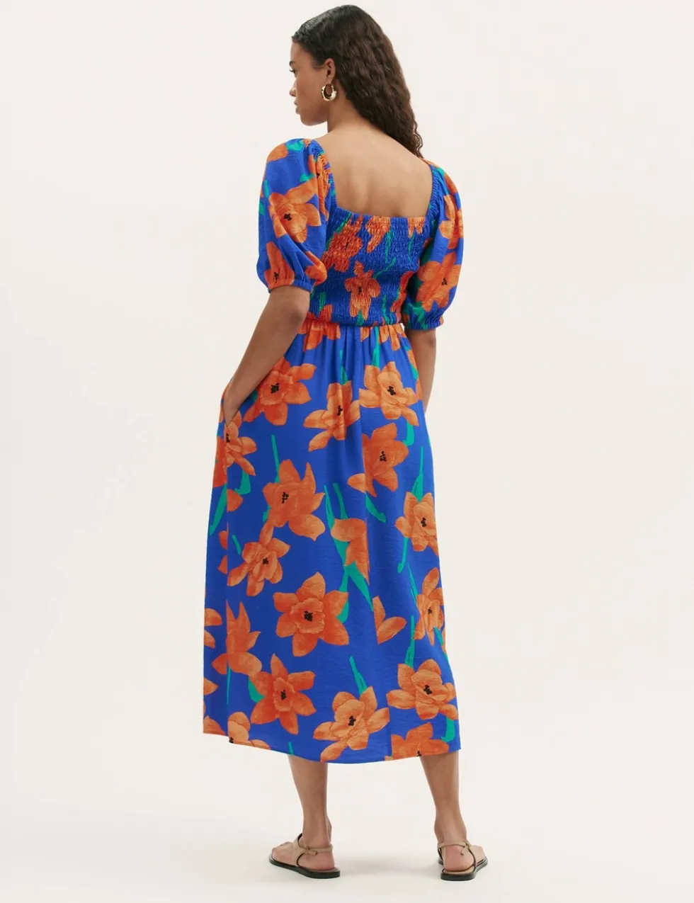 Floral Square Neck Midi Shirred Dress