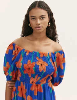 Floral Square Neck Midi Shirred Dress
