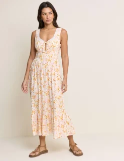 Floral Square Neck Midi Waisted Dress