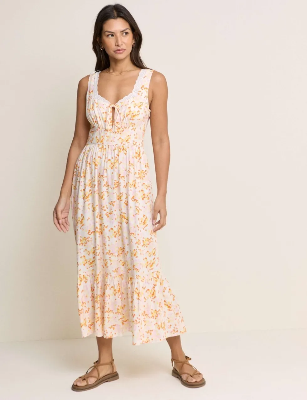 Floral Square Neck Midi Waisted Dress