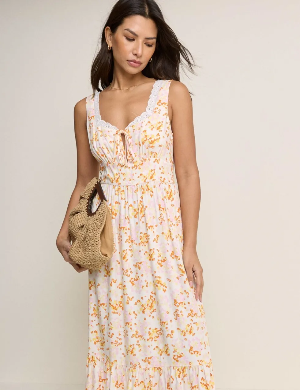 Floral Square Neck Midi Waisted Dress