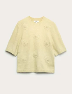 Floral Textured Knitted Top with Wool