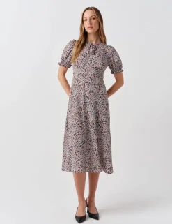 Floral Tie Neck Button Front Midi Tea Dress