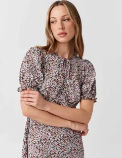 Floral Tie Neck Button Front Midi Tea Dress
