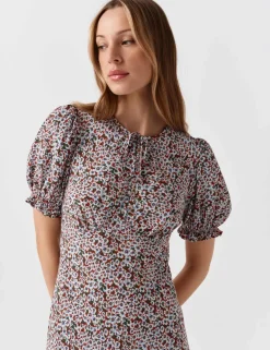 Floral Tie Neck Button Front Midi Tea Dress