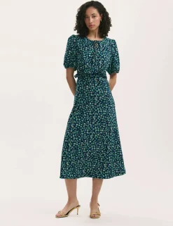 Floral Tie Neck Midi Tea Dress