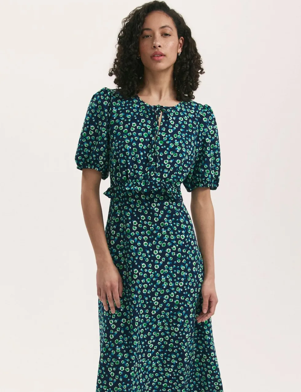 Floral Tie Neck Midi Tea Dress