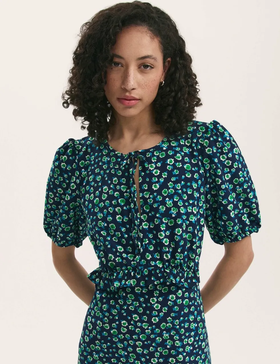 Floral Tie Neck Midi Tea Dress