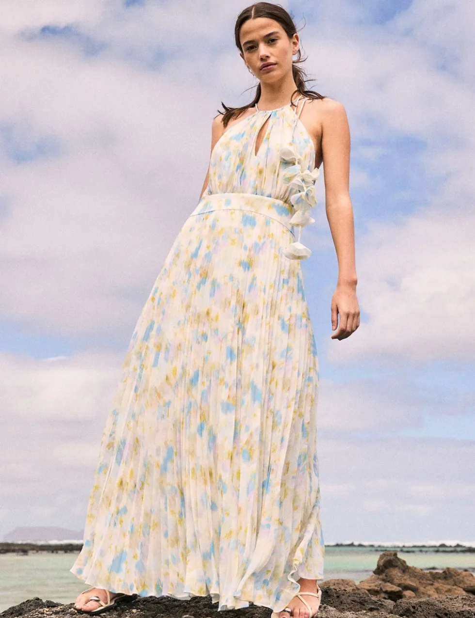 Floral Tie Neck Pleated Maxi Waisted Dress