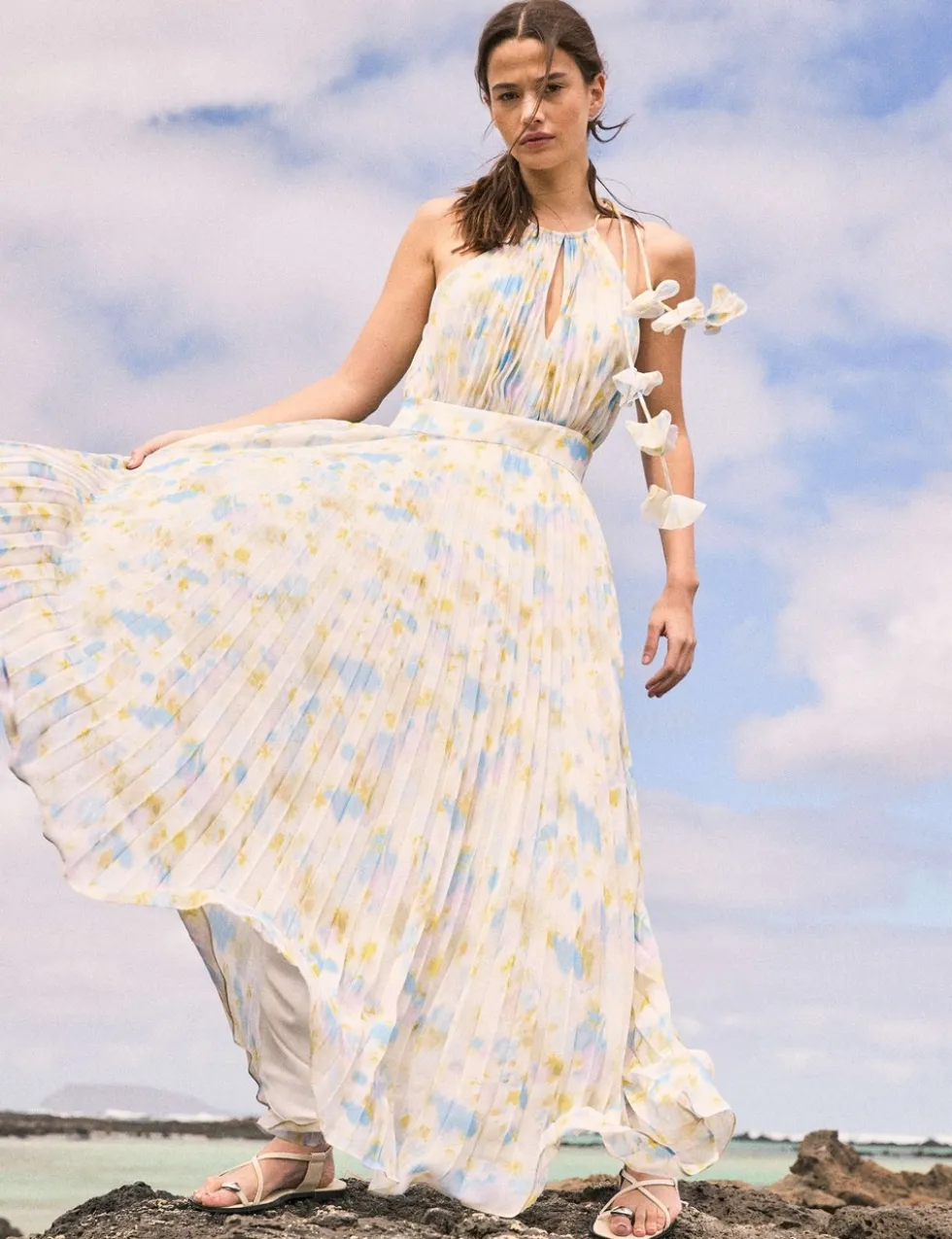 Floral Tie Neck Pleated Maxi Waisted Dress