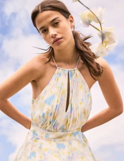 Floral Tie Neck Pleated Maxi Waisted Dress