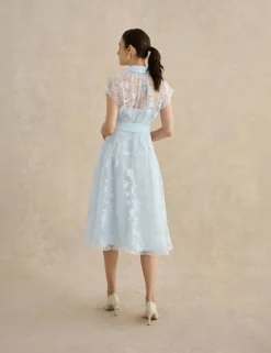Floral Tie Waist Knee Length Skater Dress