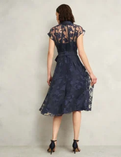 Floral Tie Waist Knee Length Skater Dress