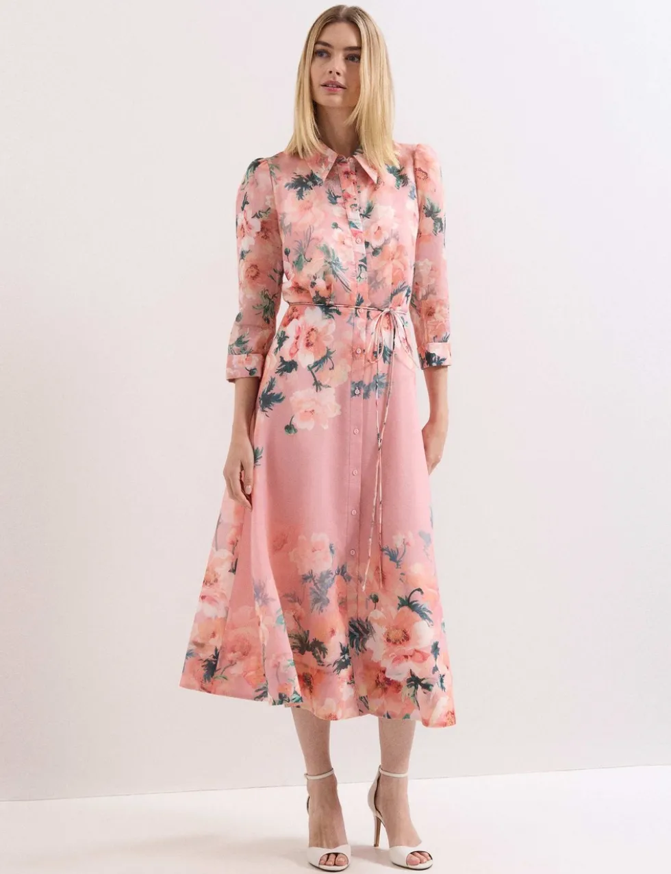 Floral Tie Waist Midi Shirt Dress