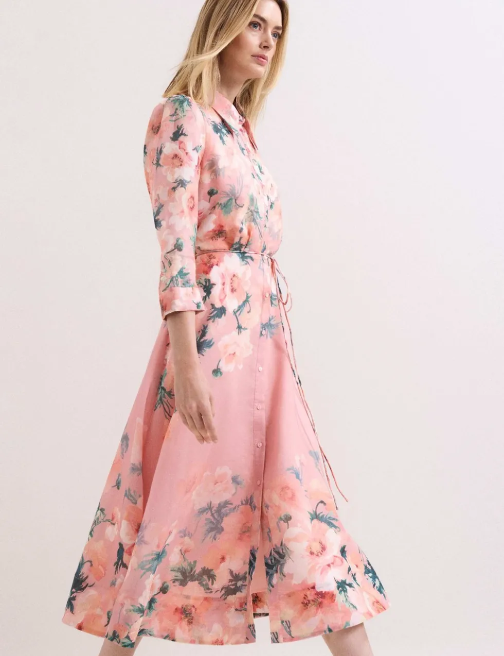 Floral Tie Waist Midi Shirt Dress