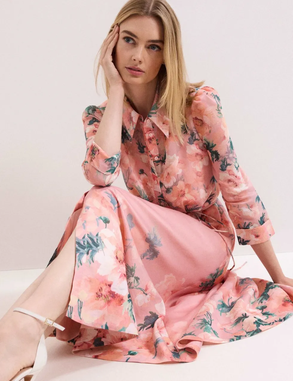 Floral Tie Waist Midi Shirt Dress