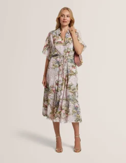 Floral Tie Waist Midi Shirt Dress