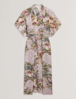 Floral Tie Waist Midi Shirt Dress