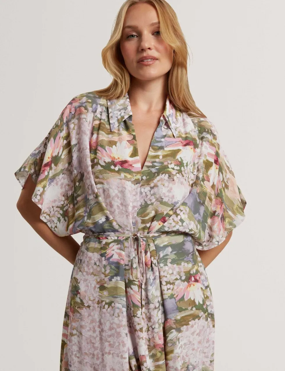 Floral Tie Waist Midi Shirt Dress